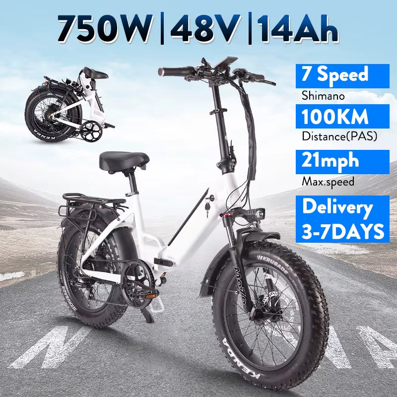 New Outdoor Foldable Ebike 48V 750W 48V Li-Ion Battery 20 Inch Fat Tire,Folding Mini Ebike for Urban Commuter Man Woman.