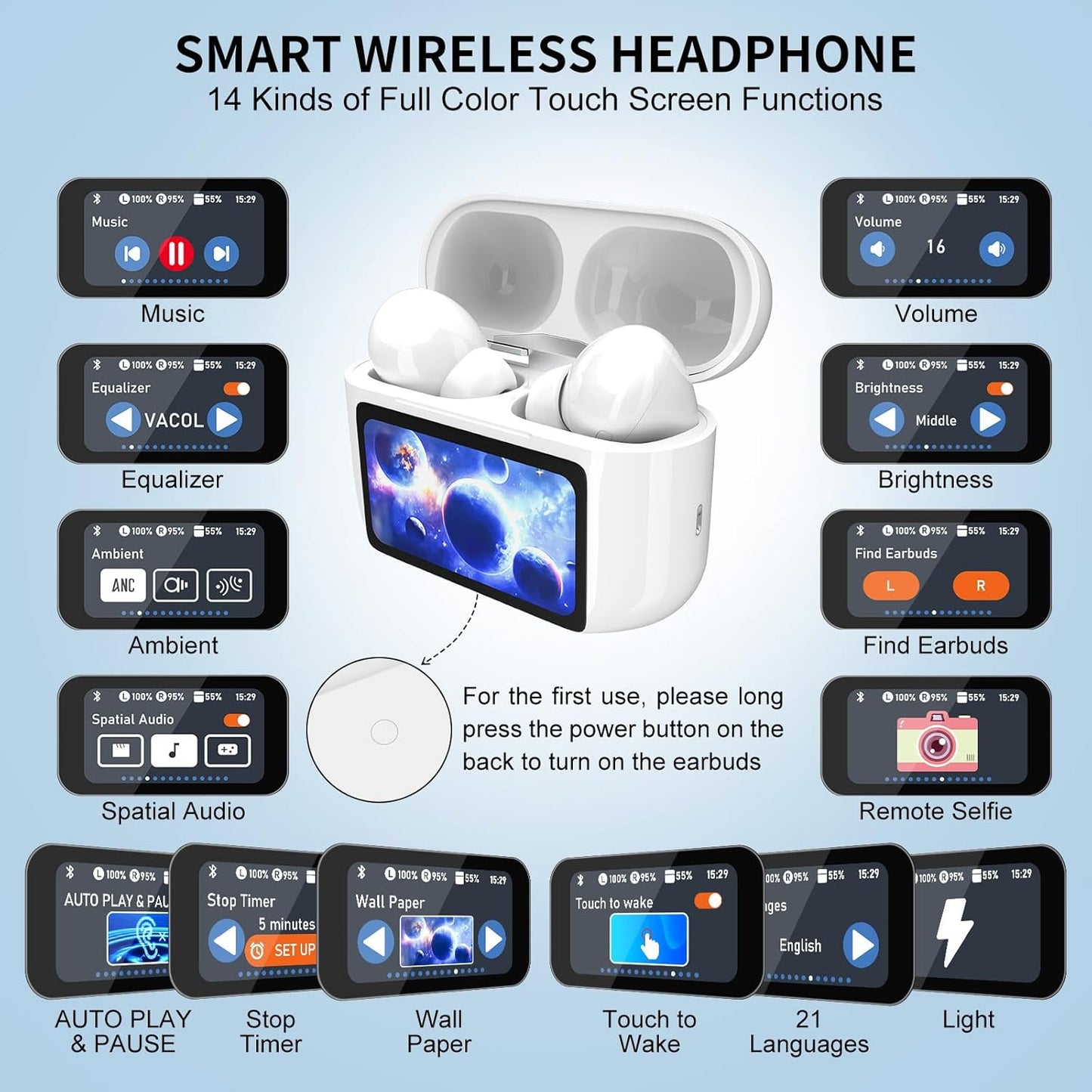 Wireless Earbuds, 5.4 Bluetooth Headphones with Touch Screen Ear Buds, ANC ENC Noise Cancelling Earbuds Headphones with Microphone, Wireless Bluetooth in Ear Earphones for Android IOS Phones