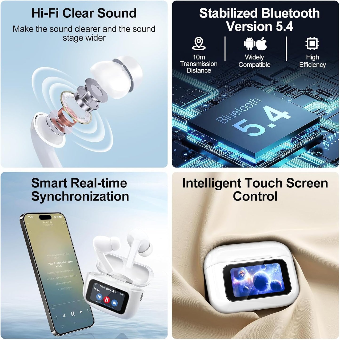 Wireless Earbuds, 5.4 Bluetooth Headphones with Touch Screen Ear Buds, ANC ENC Noise Cancelling Earbuds Headphones with Microphone, Wireless Bluetooth in Ear Earphones for Android IOS Phones