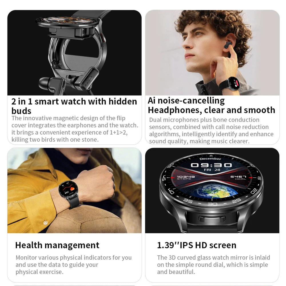 2 in 1 TWS Headset Smart Watch 1.39" Men Women Sport Fitness Heart Rate Health Watches Earphone Noise Reduction Music Smartwatch