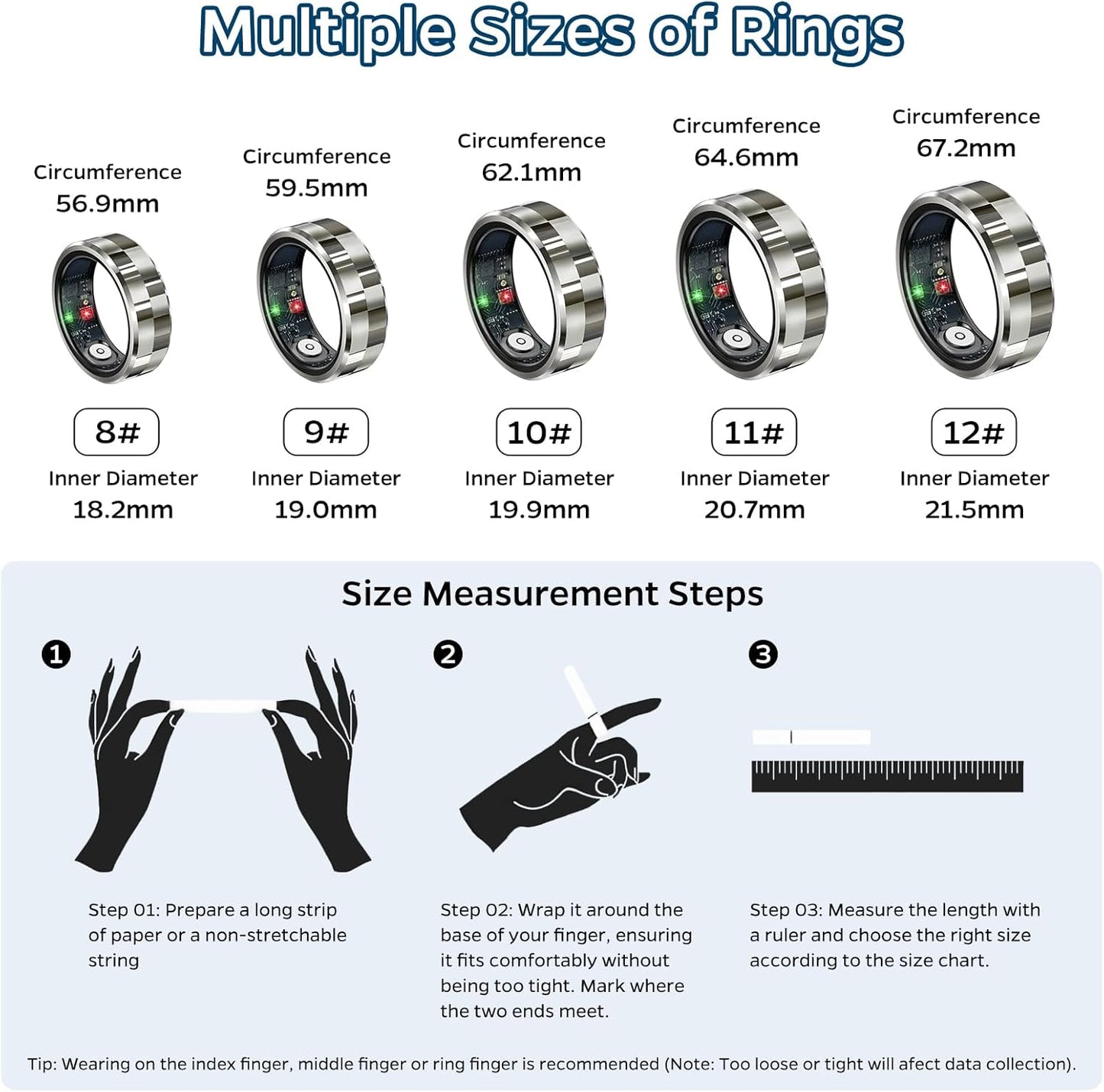 Smart Health Tracking Ring with Sleep Monitoring, Heart Rate Monitoring, and Activity Tracking Features - Waterproof Fitness Ring with Air Gesture Control, 7-Day Battery Life, Compatible with iOS and Android (Stylish Silver #8)