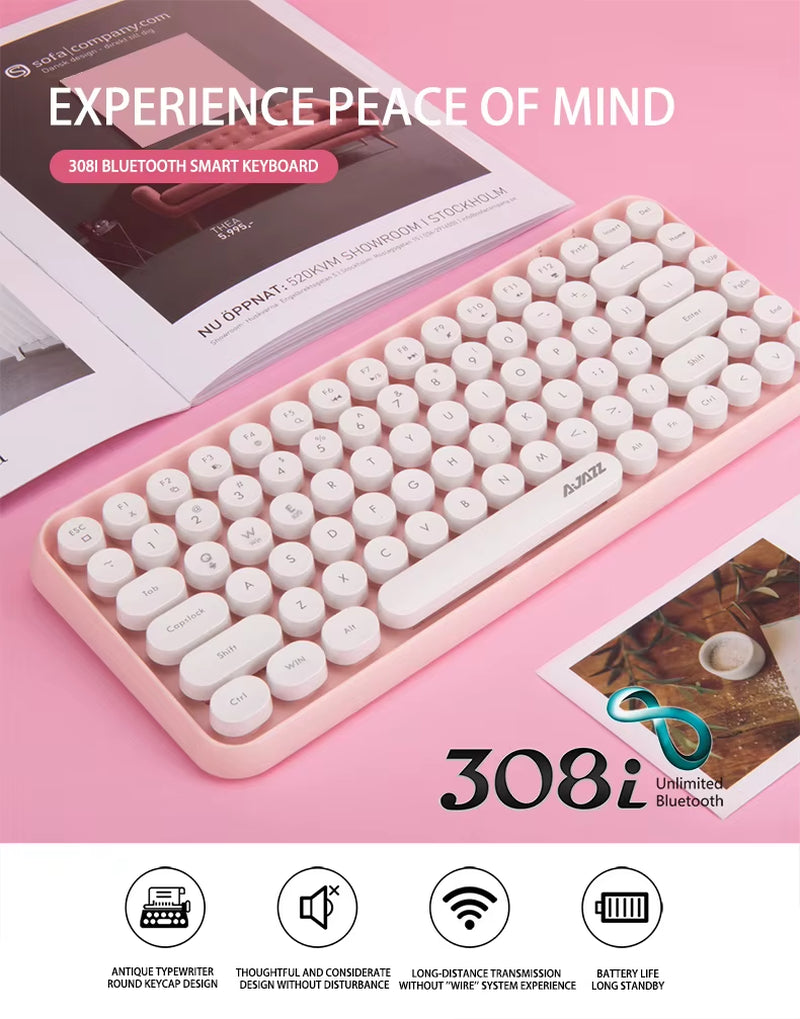 AJAZZ 308I Wireless Keyboard Bluetooth Silent Mouse for Laptop, Mobile Phone, Ipad, Tablet Computer, Cute for Office Use