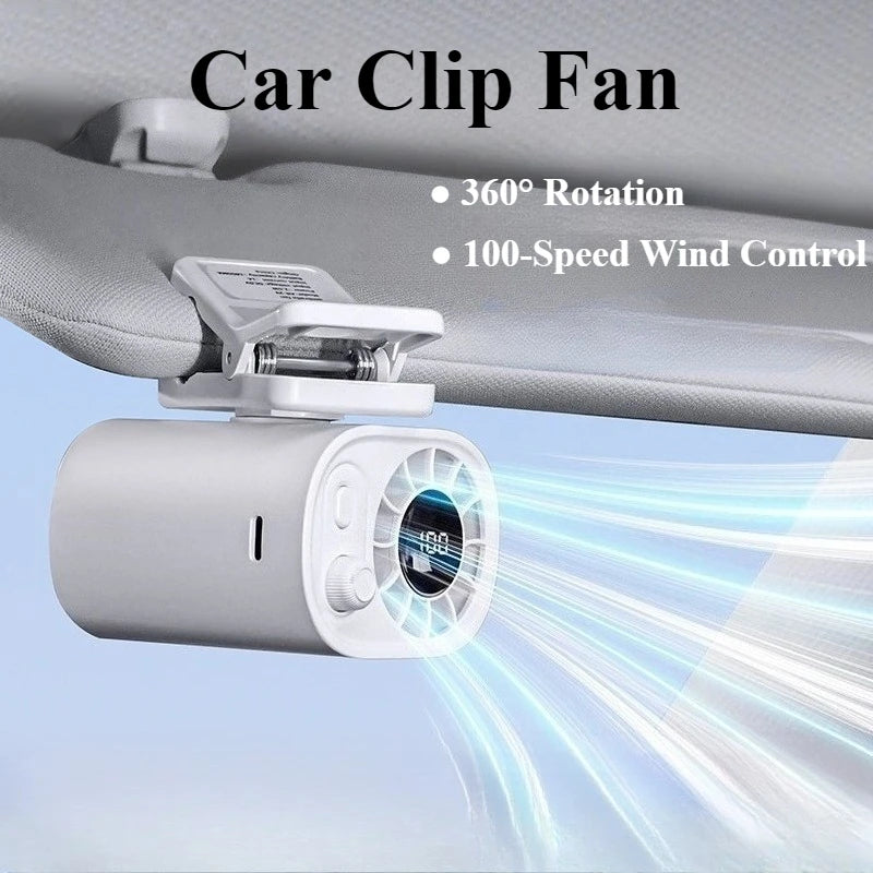 360° Rotatable Portable Car Clip Fan - 100 Speed Wind, 12V USB Rechargeable, Low Noise Mini Clamp Fan