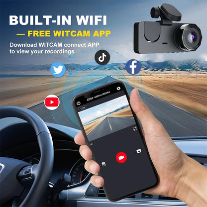 Experience Ultimate Car Safety with the Triple Lens HD Dashcam – 1080P Video Recording, Night Vision & WiFi Connectivity