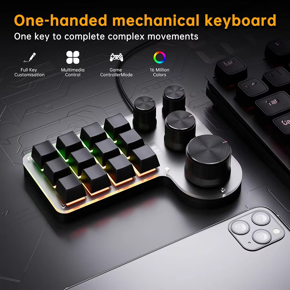 12 Keys 4 Knobs Mechanical Gaming Keyboard Red Switch USB Wired/Bluetooth-Compatible Copy Paste Mini Button for Gamers/Designers