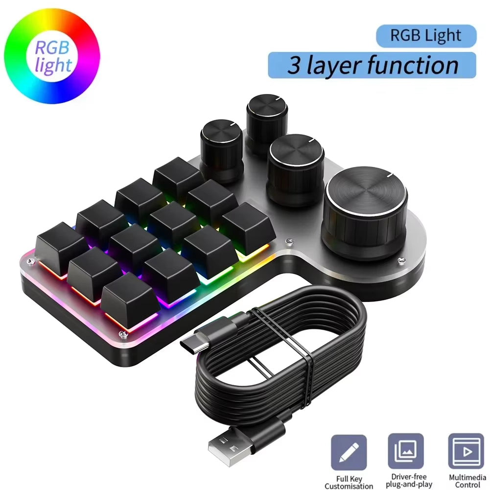 12 Keys 4 Knobs Mechanical Gaming Keyboard Red Switch USB Wired/Bluetooth-Compatible Copy Paste Mini Button for Gamers/Designers