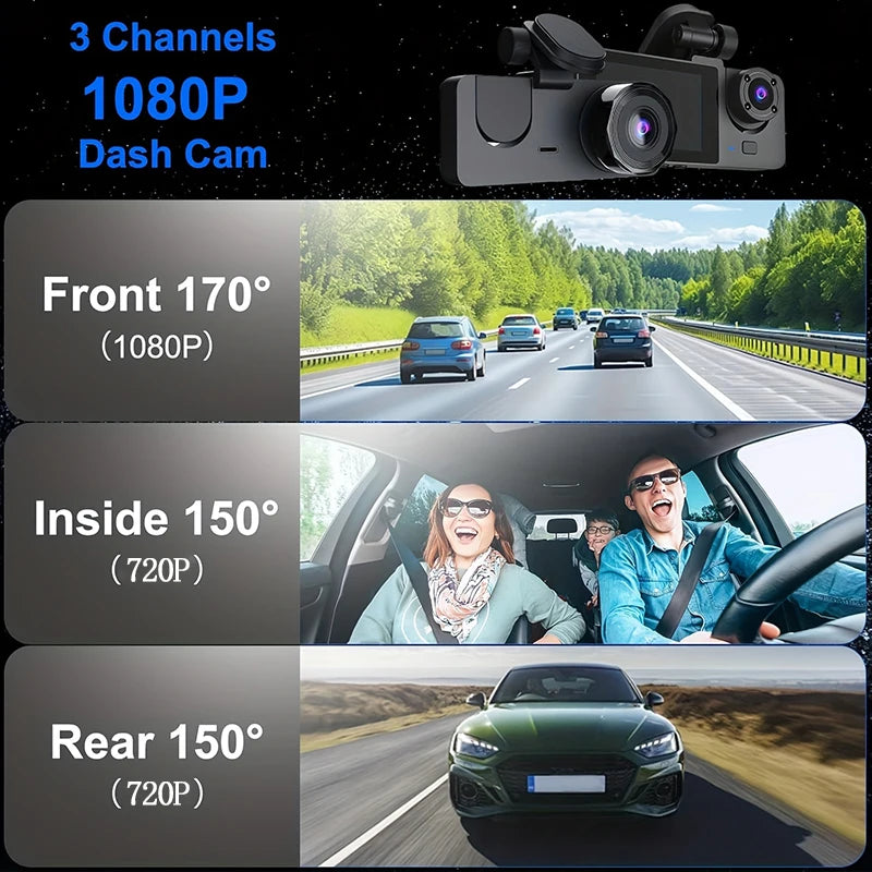 Experience Ultimate Car Safety with the Triple Lens HD Dashcam – 1080P Video Recording, Night Vision & WiFi Connectivity