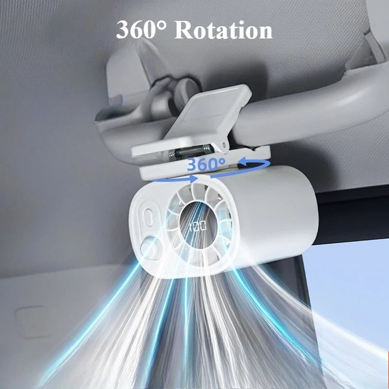 360° Rotatable Portable Car Clip Fan - 100 Speed Wind, 12V USB Rechargeable, Low Noise Mini Clamp Fan
