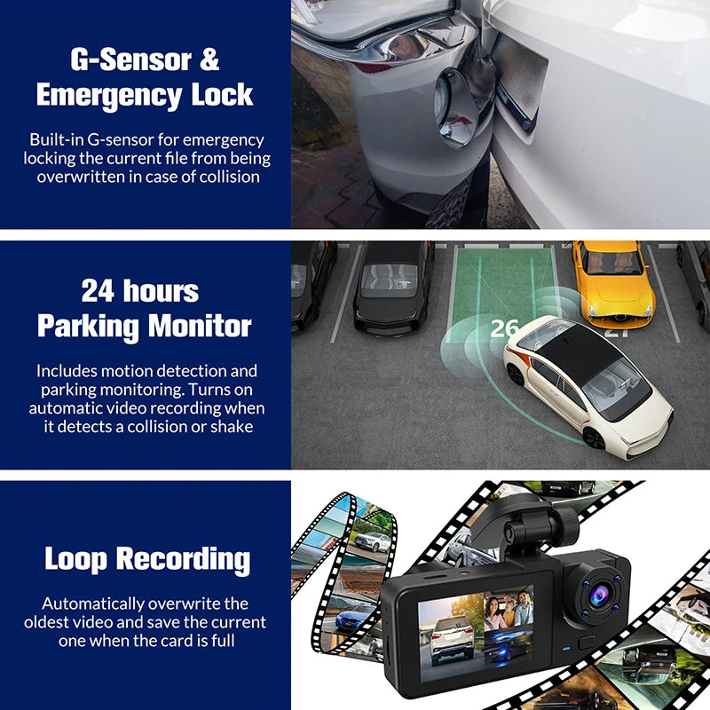 Experience Ultimate Car Safety with the Triple Lens HD Dashcam – 1080P Video Recording, Night Vision & WiFi Connectivity