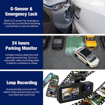 Experience Ultimate Car Safety with the Triple Lens HD Dashcam – 1080P Video Recording, Night Vision & WiFi Connectivity