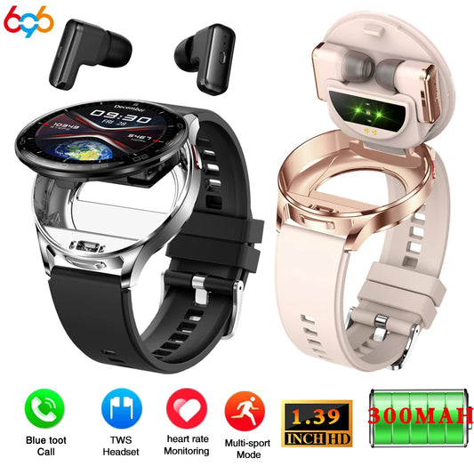 2 in 1 TWS Headset Smart Watch 1.39" Men Women Sport Fitness Heart Rate Health Watches Earphone Noise Reduction Music Smartwatch