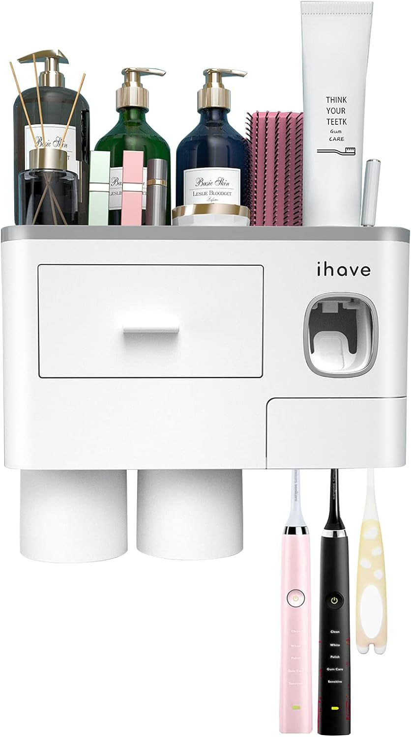 Toothbrush Holders for Bathrooms, 2 Cups Toothbrush Holder Wall Mounted with Toothpaste Dispenser - Large Capacity Tray, Cosmetic Drawer - Bathroom Decor & Bathroom Accessories