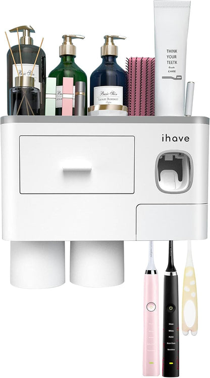 Toothbrush Holders for Bathrooms, 2 Cups Toothbrush Holder Wall Mounted with Toothpaste Dispenser - Large Capacity Tray, Cosmetic Drawer - Bathroom Decor & Bathroom Accessories