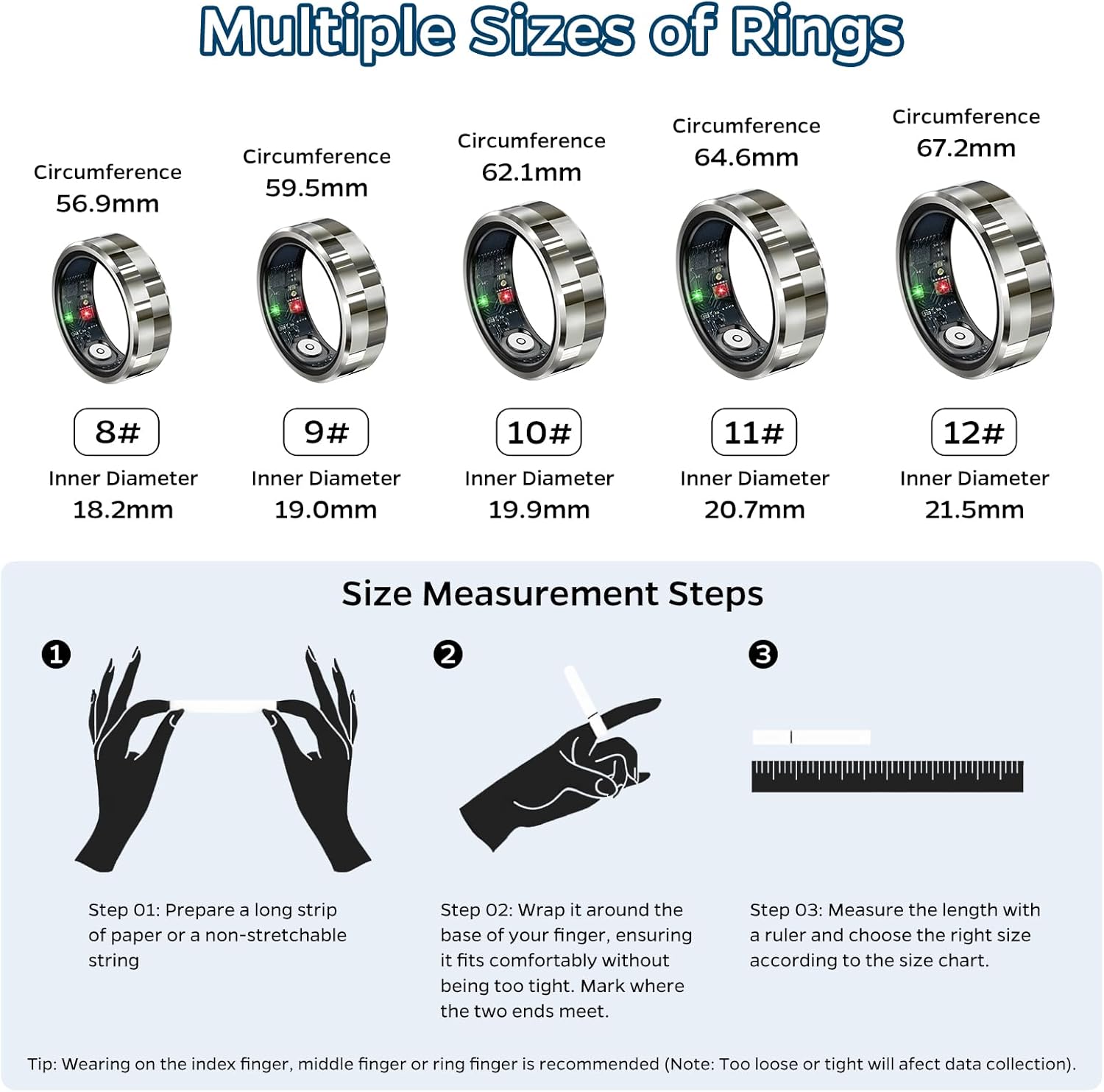 Smart Health Tracking Ring with Sleep Monitoring, Heart Rate Monitoring, and Activity Tracking Features - Waterproof Fitness Ring with Air Gesture Control, 7-Day Battery Life, Compatible with iOS and Android (Stylish Silver #8)