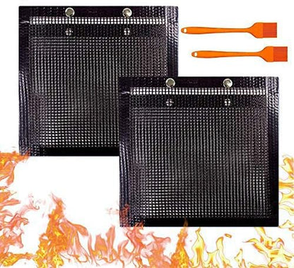 2 Pcs BBQ Grill Mesh Bag with 2 Pcs Silicone Brush, Non-Stick Large BBQ Baked Grilling PTFE Bag Heat-Resistant Reusable Easy to Clean Mesh Backing Bag for Outdoor Picnic Cooking Barbecue Father'S Day Gift