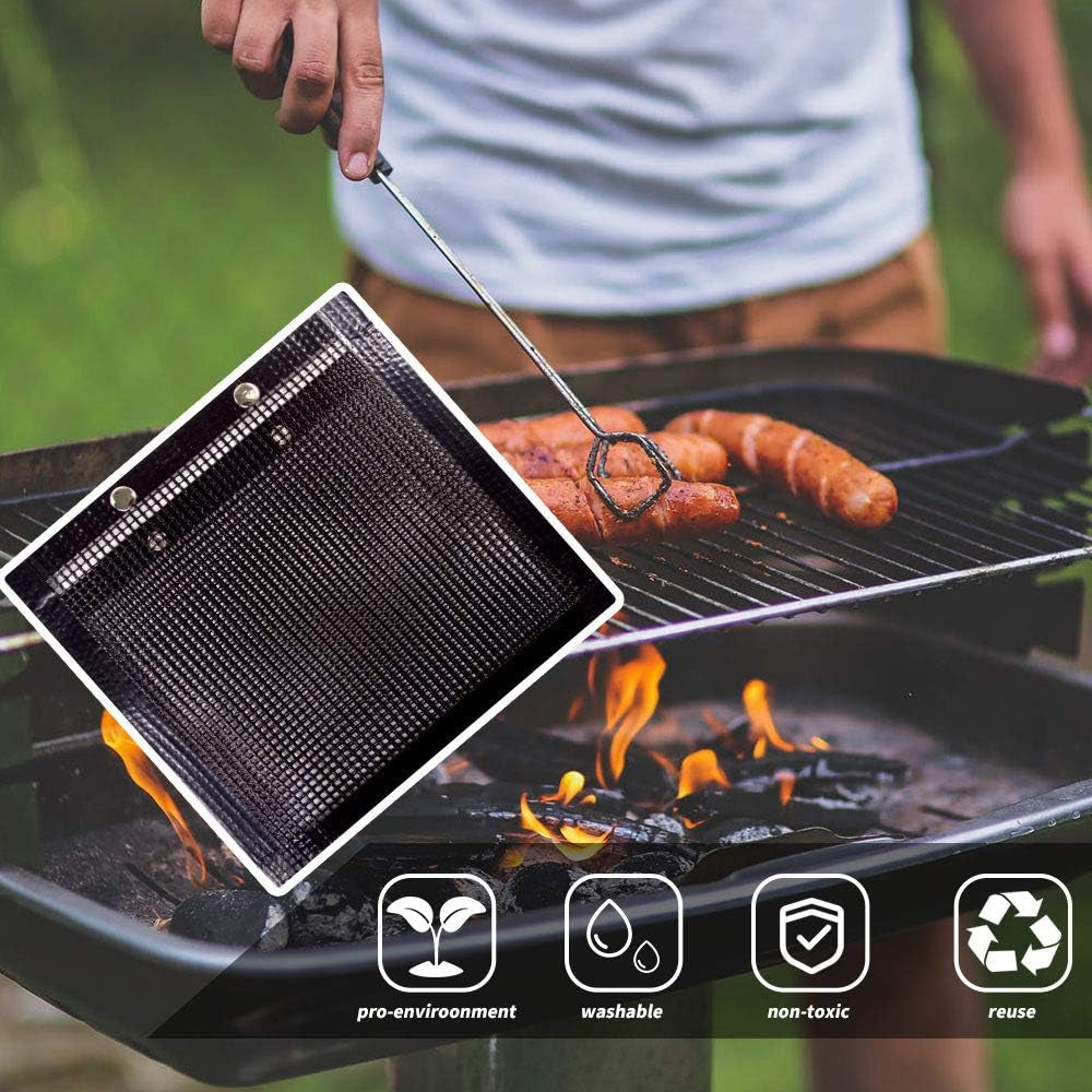2 Pcs BBQ Grill Mesh Bag with 2 Pcs Silicone Brush, Non-Stick Large BBQ Baked Grilling PTFE Bag Heat-Resistant Reusable Easy to Clean Mesh Backing Bag for Outdoor Picnic Cooking Barbecue Father'S Day Gift