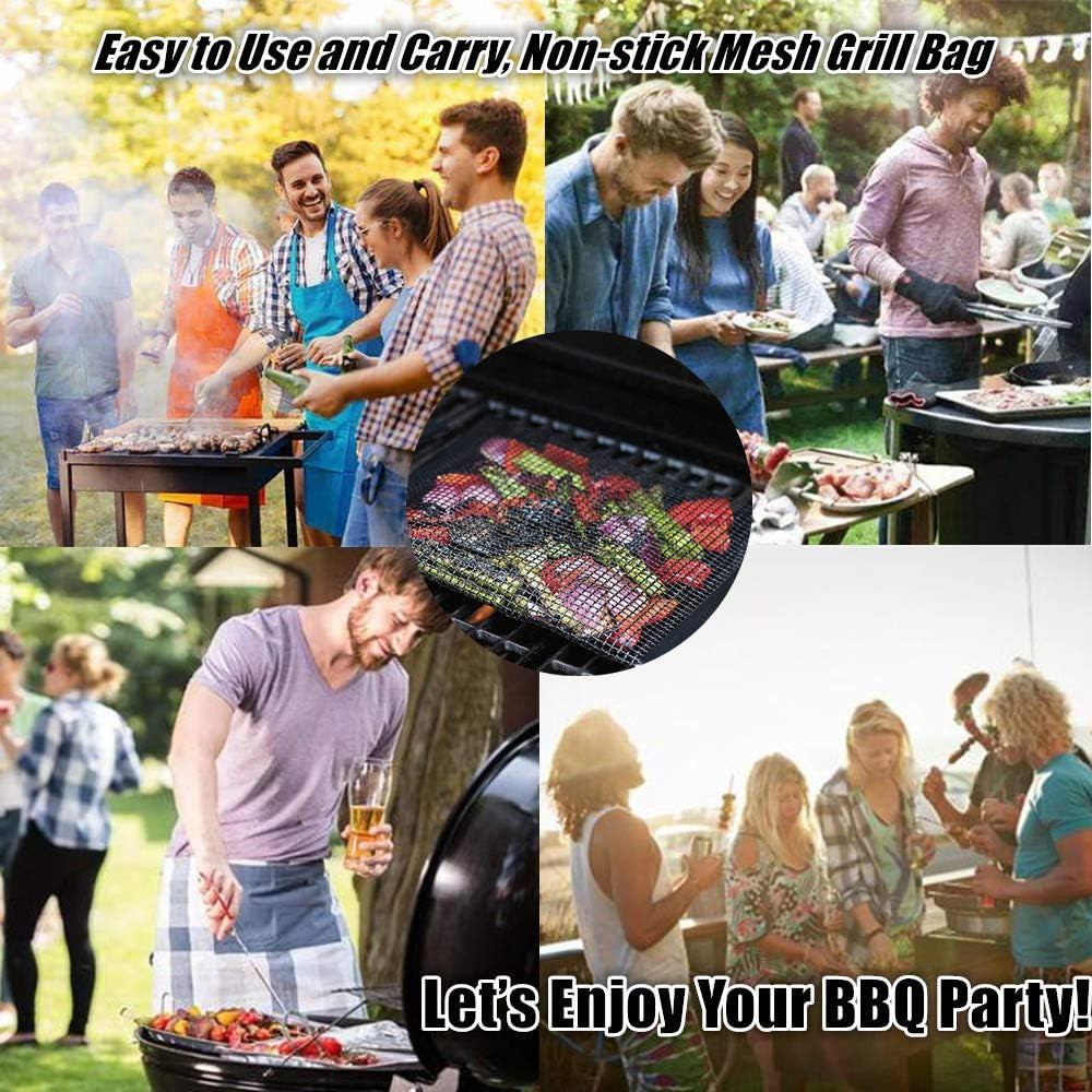 2 Pcs BBQ Grill Mesh Bag with 2 Pcs Silicone Brush, Non-Stick Large BBQ Baked Grilling PTFE Bag Heat-Resistant Reusable Easy to Clean Mesh Backing Bag for Outdoor Picnic Cooking Barbecue Father'S Day Gift