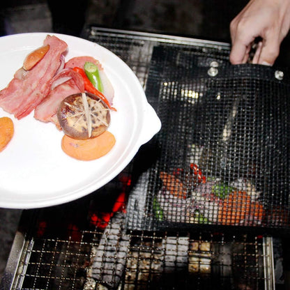2 Pcs BBQ Grill Mesh Bag with 2 Pcs Silicone Brush, Non-Stick Large BBQ Baked Grilling PTFE Bag Heat-Resistant Reusable Easy to Clean Mesh Backing Bag for Outdoor Picnic Cooking Barbecue Father'S Day Gift