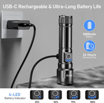 Rechargeable Flashlight High Lumens, Super Bright LED Powerful Tactical Torch - 5 Light Modes, Zoomable, Long Lasting, Waterproof Handheld Flash Light for Emergency, Camping, Hiking
