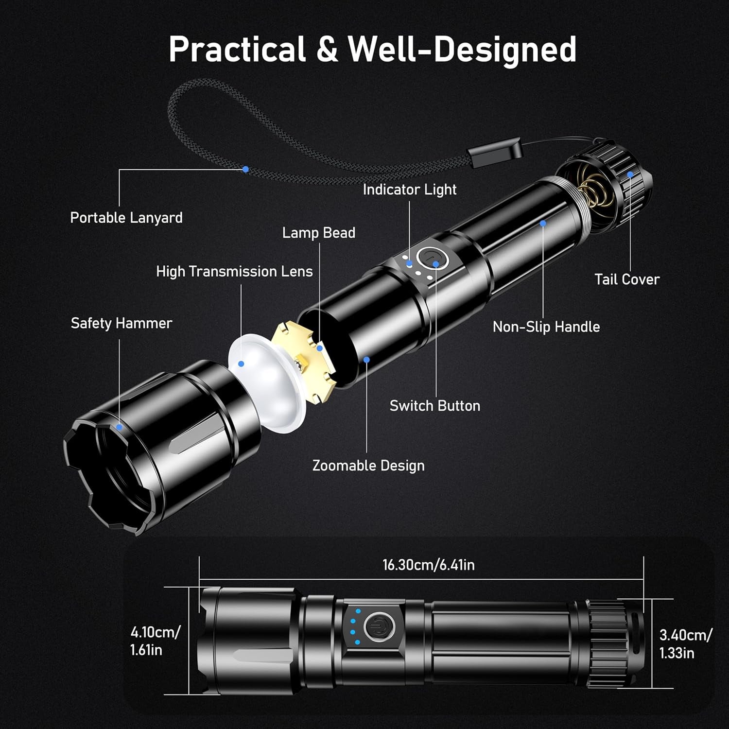 Rechargeable Flashlight High Lumens, Super Bright LED Powerful Tactical Torch - 5 Light Modes, Zoomable, Long Lasting, Waterproof Handheld Flash Light for Emergency, Camping, Hiking