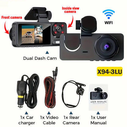 Experience Ultimate Car Safety with the Triple Lens HD Dashcam – 1080P Video Recording, Night Vision & WiFi Connectivity