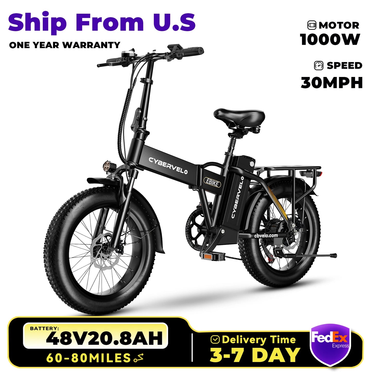 Experience the Thrill of Adventure with the 1000W Folding Electric Bike - 48V 20AH Battery, 30+ MPH Speed, and 80 Miles Range!