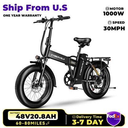 Experience the Thrill of Adventure with the 1000W Folding Electric Bike - 48V 20AH Battery, 30+ MPH Speed, and 80 Miles Range!