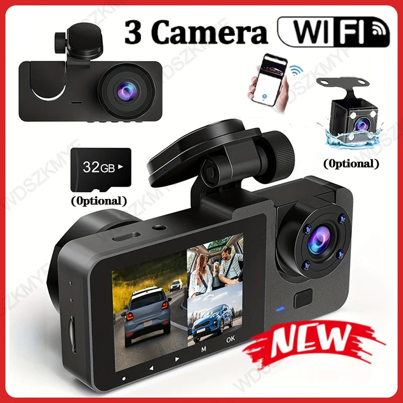 Experience Ultimate Car Safety with the Triple Lens HD Dashcam – 1080P Video Recording, Night Vision & WiFi Connectivity